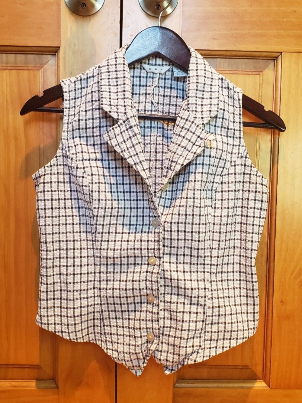 100% Cotton Seersucker Gingham Womens Vest Sz Med Summer Cottagecore 90s Y2K